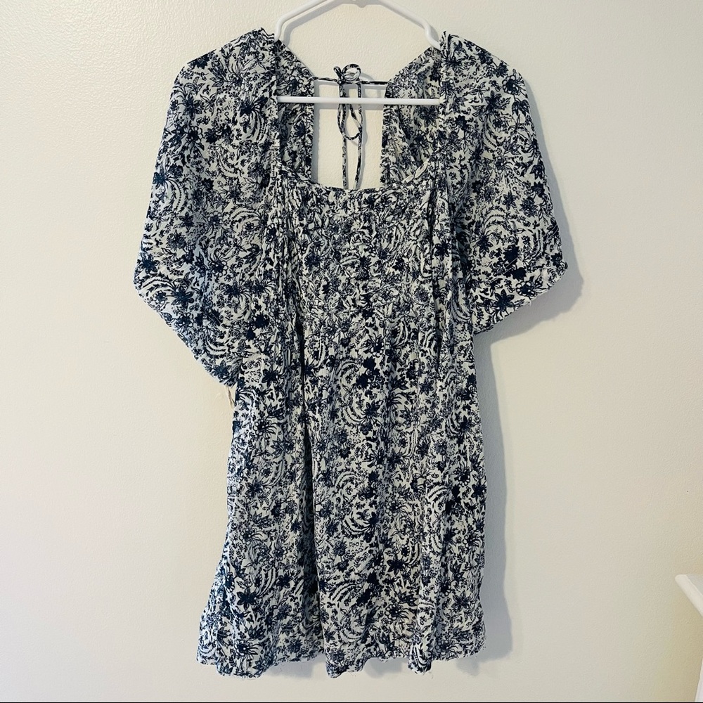 NWT Free people women’s large mini dress cotton blue and white draw string